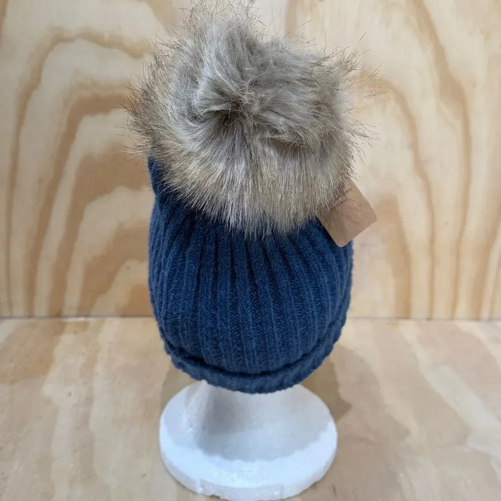 UGG Light Blue Knit Hat with Faux Fur Pom